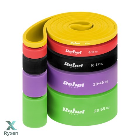 Zestaw gum do ćwiczeń TPE - Power Band PTs-1, 4-55 kg, 5 gum TPE, REBEL ACTIVE Rebel
