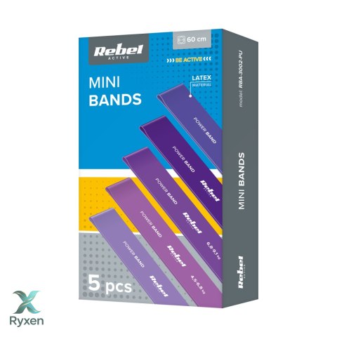 Zestaw gum do ćwiczeń lateksowy - Mini Band L, 2.3-18.2 kg, 5 gum, fioletowy, REBEL ACTIVE Rebel