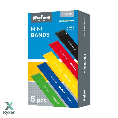 Zestaw gum do ćwiczeń lateksowy - Mini Band L, 2.3-18.2 kg, 5 gum, kolorowy, REBEL ACTIVE Rebel
