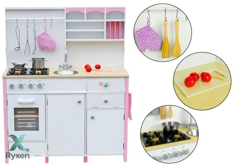 Drewniana Kuchnia Dla Dzieci Różowo Biała Paula Otwierane Elementy LEAN TOYS
