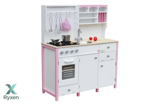 Drewniana Kuchnia Dla Dzieci Różowo Biała Paula Otwierane Elementy LEAN TOYS