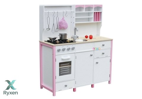 Drewniana Kuchnia Dla Dzieci Różowo Biała Paula Otwierane Elementy LEAN TOYS