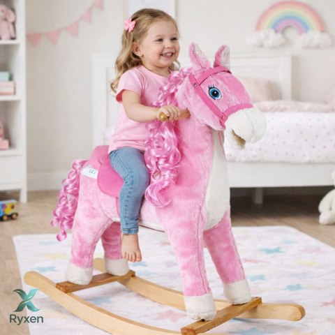 Koń Na Biegunach Dźwięki Rusza Pyskiem Ogonem Różowy 74 cm LEAN TOYS