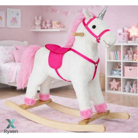 Koń Na Biegunach Jednorożec Dźwięki Rusza Pyskiem Ogonem Biały 74 cm LEAN TOYS