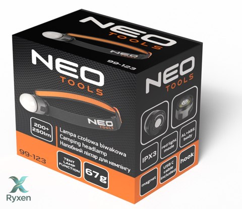 Lampa czołowa biwakowa aku 250+200 lm NEO TOOLS