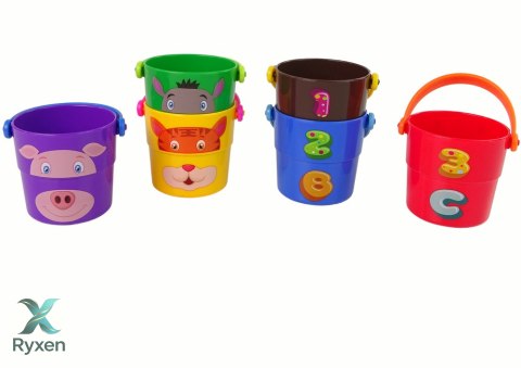 Zestaw Kolorowe Wiaderka ze Zwierzątkami Piramidka LEAN TOYS