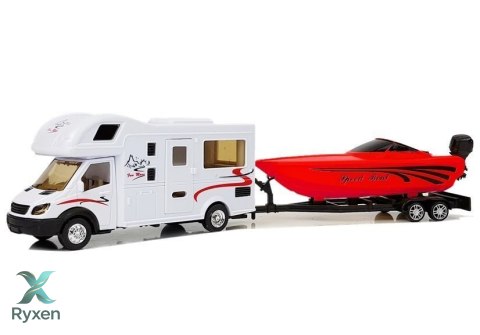 Camper z Czerwoną Motorówką i Napędem Frykcyjnym 1:48 LEAN TOYS