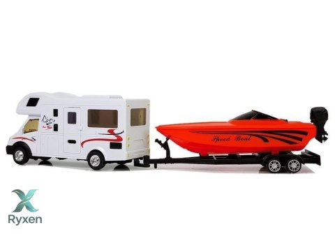 Camper z Czerwoną Motorówką i Napędem Frykcyjnym 1:48 LEAN TOYS