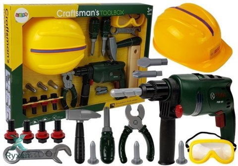 Zestaw Majsterkowicza Wiertarka na Baterie Okulary Ochronne Kask LEAN TOYS