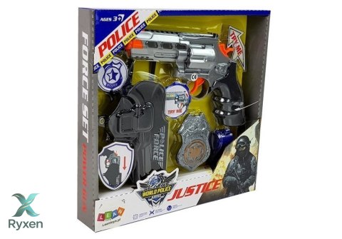 Zestaw Policyjny Rewolwer 20cm Odznaka Kabura Gwizdek Dźwięk Efekty Świetlne LEAN TOYS