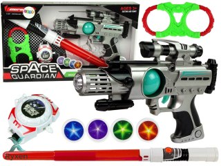 Zestaw Wojownika Kosmosu Pistolet Laserowy Miecz Świetlny Kajdanki Miotacz Dysków LEAN TOYS