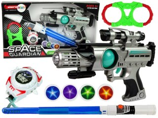 Zestaw Wojownika Kosmosu Pistolet Laserowy Miecz Świetlny Kajdanki Miotacz Dysków LEAN TOYS