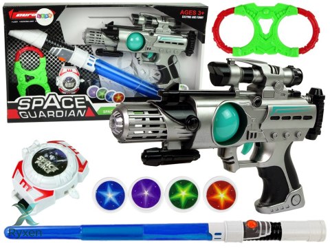 Zestaw Wojownika Kosmosu Pistolet Laserowy Miecz Świetlny Kajdanki Miotacz Dysków LEAN TOYS