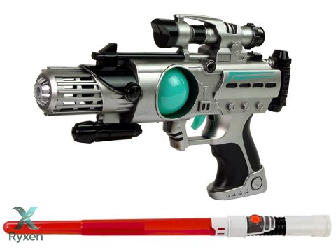 Zestaw Wojownika Kosmosu Pistolet Laserowy Miecz Świetlny Kajdanki Miotacz Dysków LEAN TOYS