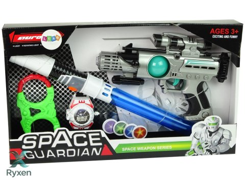 Zestaw Wojownika Kosmosu Pistolet Laserowy Miecz Świetlny Kajdanki Miotacz Dysków LEAN TOYS
