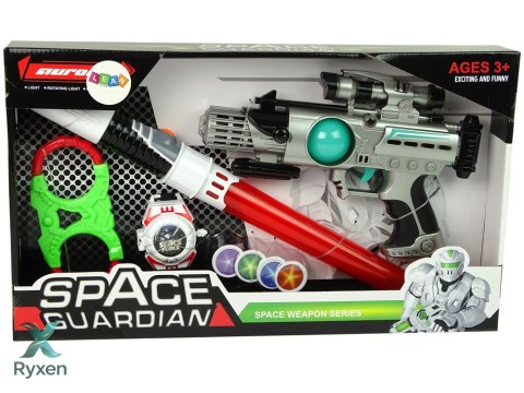 Zestaw Wojownika Kosmosu Pistolet Laserowy Miecz Świetlny Kajdanki Miotacz Dysków LEAN TOYS