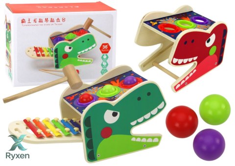 Dinozaur Wbijak Cymbałki 2w1 Drewniany Czerwony LEAN TOYS