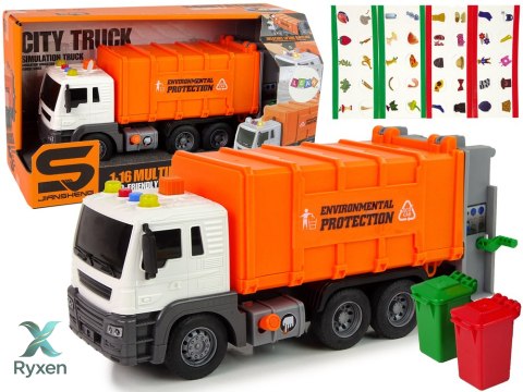 Śmieciarka Napęd Frykcyjnym Efekty Dźwiękowe Pomarańczowa 1:16 Segregowanie LEAN TOYS