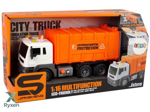 Śmieciarka Napęd Frykcyjnym Efekty Dźwiękowe Pomarańczowa 1:16 Segregowanie LEAN TOYS