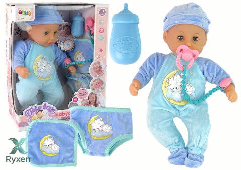 Lalka Bobas Dźwięk Smoczek Śliniaczek Niebieska Piżama Kotek LEAN TOYS