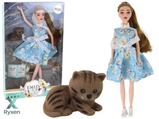 Lalka Dla Dzieci Emily Wiosenna Długie Włosy Niebieska Sukienka Kotek LEAN TOYS