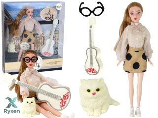 Lalka Dla Dzieci Emily z Gitarą Okulary Długie Blond Włosy Kotek LEAN TOYS