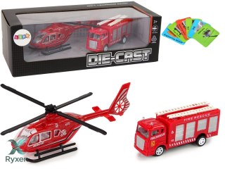 Zestaw Autek Straż Pożarna Naciąg Helikopter Czerwony LEAN TOYS