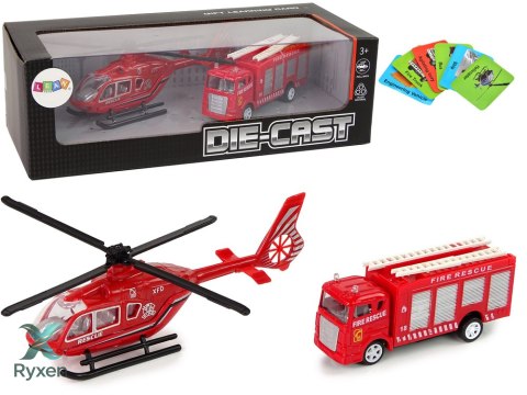 Zestaw Autek Straż Pożarna Naciąg Helikopter Czerwony LEAN TOYS