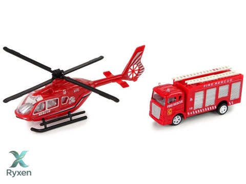 Zestaw Autek Straż Pożarna Naciąg Helikopter Czerwony LEAN TOYS