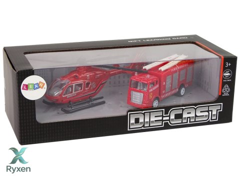Zestaw Autek Straż Pożarna Naciąg Helikopter Czerwony LEAN TOYS