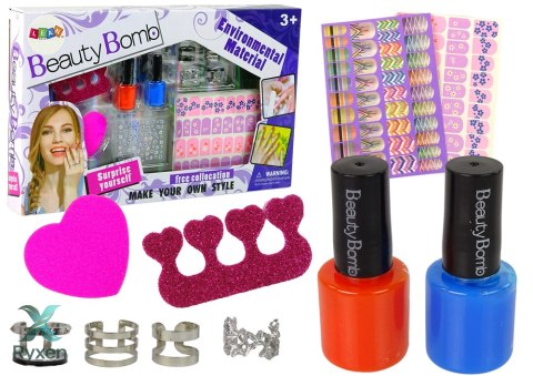 Zestaw Do Malowania Paznokci Lakiery Brokatowe Naklejki Pierścionki LEAN TOYS