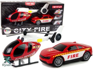 Zestaw Pojazdów Helikopter Auto Straż Pożarna Dźwięk Czerwone LEAN TOYS