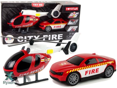 Zestaw Pojazdów Helikopter Auto Straż Pożarna Dźwięk Czerwone LEAN TOYS
