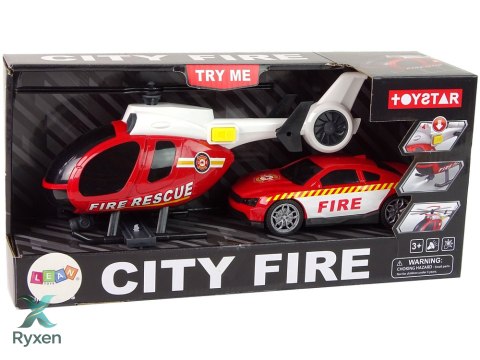 Zestaw Pojazdów Helikopter Auto Straż Pożarna Dźwięk Czerwone LEAN TOYS