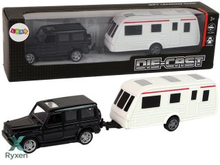 Zestaw Pojazdów Jeep Czarny Przyczepa Kempingowa Metalowe Elementy LEAN TOYS