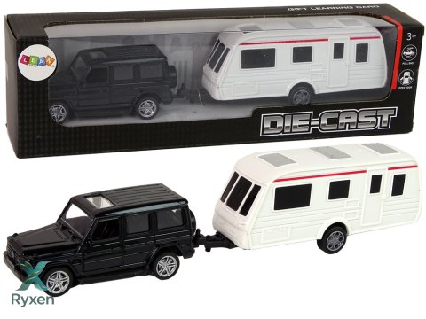 Zestaw Pojazdów Jeep Czarny Przyczepa Kempingowa Metalowe Elementy LEAN TOYS