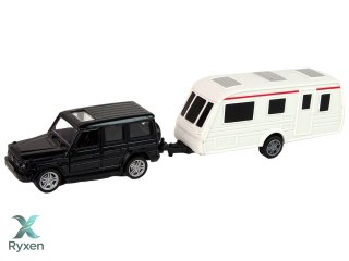 Zestaw Pojazdów Jeep Czarny Przyczepa Kempingowa Metalowe Elementy LEAN TOYS