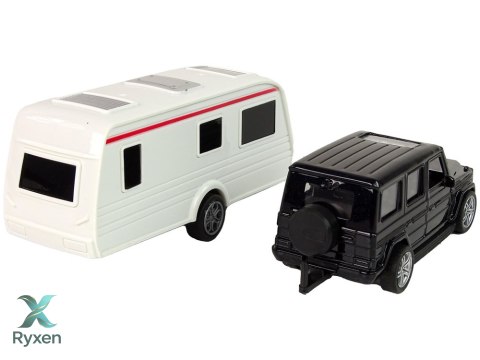 Zestaw Pojazdów Jeep Czarny Przyczepa Kempingowa Metalowe Elementy LEAN TOYS