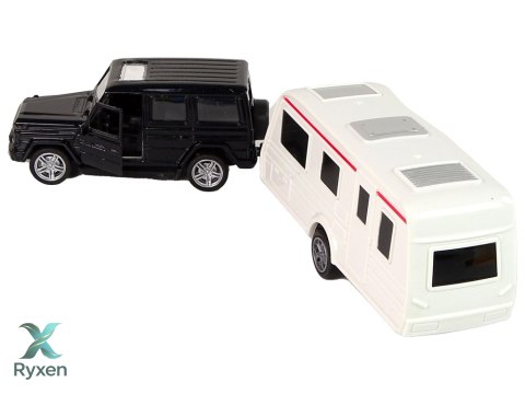 Zestaw Pojazdów Jeep Czarny Przyczepa Kempingowa Metalowe Elementy LEAN TOYS