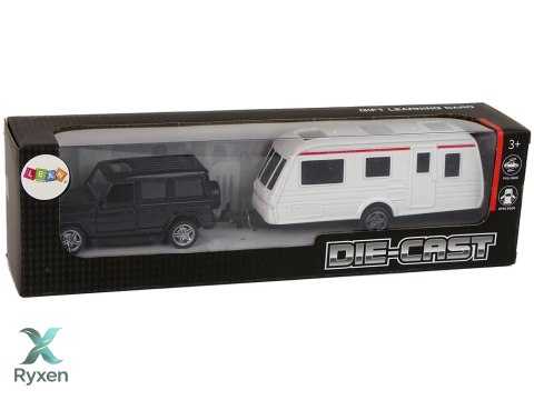 Zestaw Pojazdów Jeep Czarny Przyczepa Kempingowa Metalowe Elementy LEAN TOYS