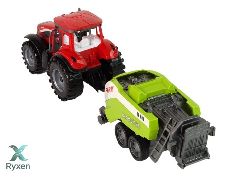 Czerwony Ciągnik Rolniczy z Zielonym Siewnikiem Napęd Frykcyjny LEAN TOYS