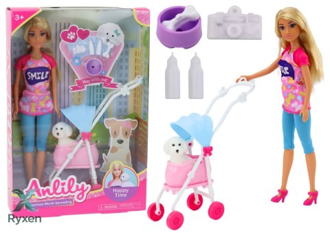 Lalka Anlily z Pieskiem W Wózku Butelki Miska Kość Aparat LEAN TOYS