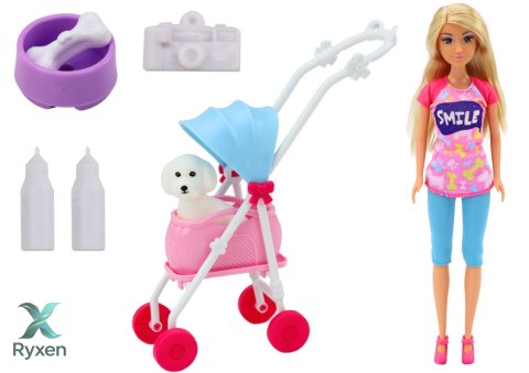 Lalka Anlily z Pieskiem W Wózku Butelki Miska Kość Aparat LEAN TOYS
