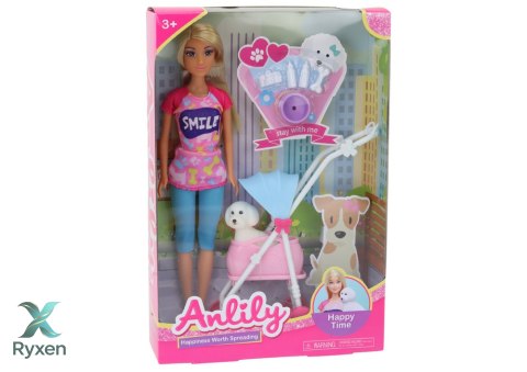 Lalka Anlily z Pieskiem W Wózku Butelki Miska Kość Aparat LEAN TOYS