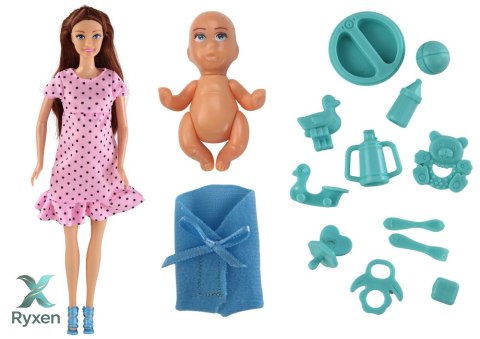 Lalka Dla Dzieci W Ciąży Mama Dziecko Różowa Sukienka Akcesoria LEAN TOYS