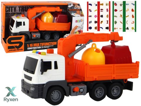 Ciężarówka Śmieciarka Z Dźwigiem Napęd Frykcyjny Dźwięki Pomarańczowa 1:16 LEAN TOYS