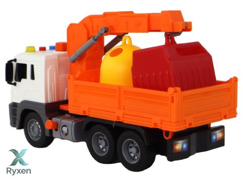 Ciężarówka Śmieciarka Z Dźwigiem Napęd Frykcyjny Dźwięki Pomarańczowa 1:16 LEAN TOYS