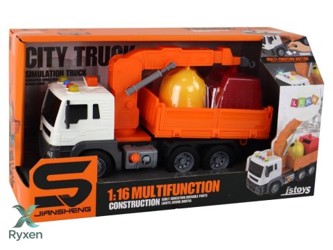 Ciężarówka Śmieciarka Z Dźwigiem Napęd Frykcyjny Dźwięki Pomarańczowa 1:16 LEAN TOYS