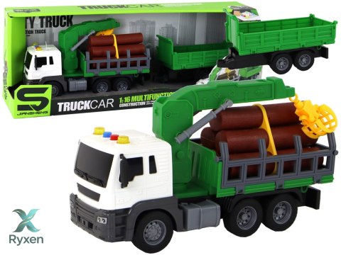 Ciężarówka Z Dźwigiem Przyczepą Napęd Frykcyjny Dźwięki Zielona Drewno 1:16 LEAN TOYS
