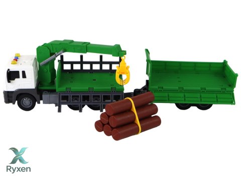Ciężarówka Z Dźwigiem Przyczepą Napęd Frykcyjny Dźwięki Zielona Drewno 1:16 LEAN TOYS